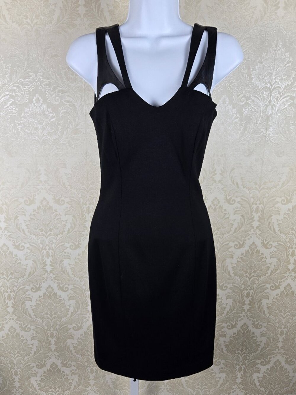 Cynthia Steffe Size 0 Black Sheath Dress Leather Cutout Straps Cocktail Party